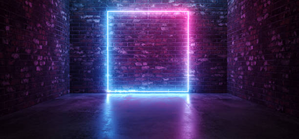istock Futuristic Sci Fi Elegant Modern Neon Glowing Rectangle Frame Shaped Lines Tubes Purple Pink Blue Colored Lights In Dark Empty Grunge Concrete Brick Room Background 3D Rendering 1089104028