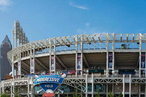 Progressive Field, a stadium in downtown Cleveland, Ohio, and home to the MLB team of the Cleveland Indians. It is sponsored by Progressive Insurance.