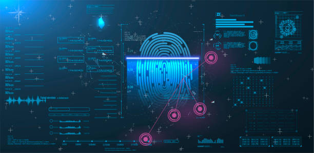 ilustraciones, imágenes clip art, dibujos animados e iconos de stock de vector hud set de elementos para interfaz de seguridad de digital tecnología conceptual futurista usuario interfaz abstracta - fingerprint identity id card biometrics