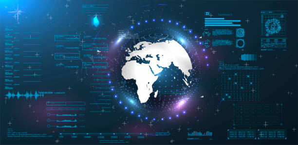UI interface, earth globe, control center, command, game, vector with graphs UI interface, earth globe, control center, command, game, military infographic elements stock illustrations