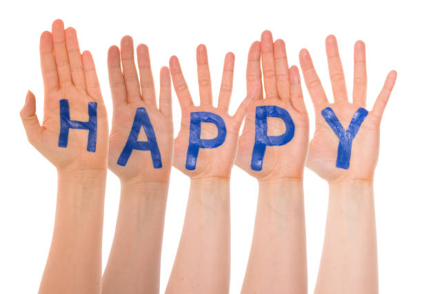 Many Hands Building English Word Happy. Hands Are On White And Isolated