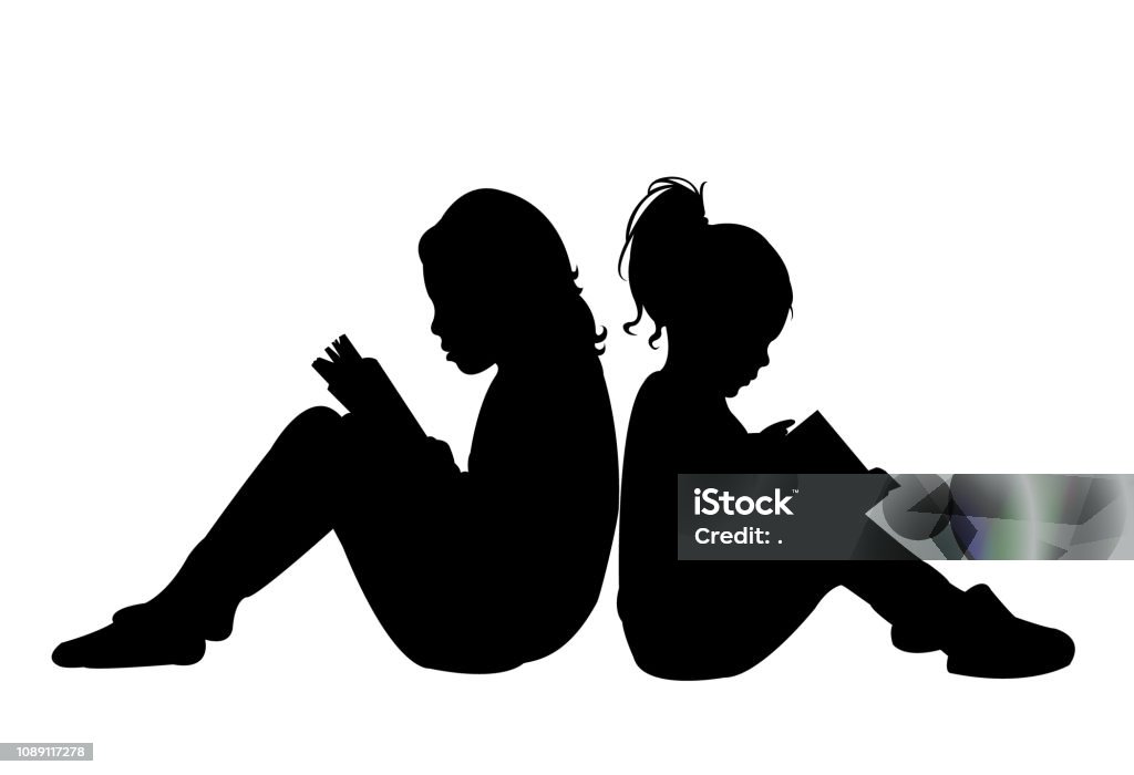 girls reading book, silhouette vector Child stock vector