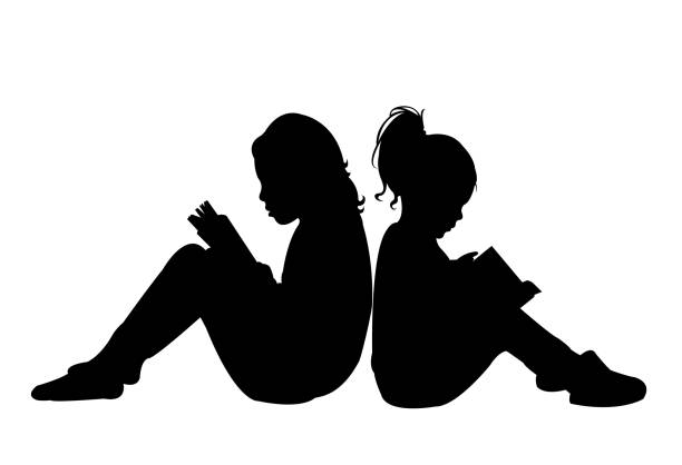 girls reading book, silhouette vector girls reading book, silhouette vector child silhouettes stock illustrations