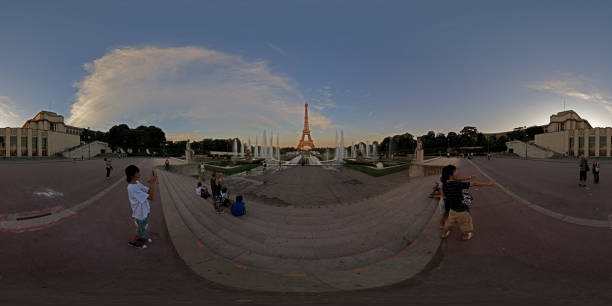 France, Paris, fountains in the gardens of the Trocadero and the Eiffel Tower