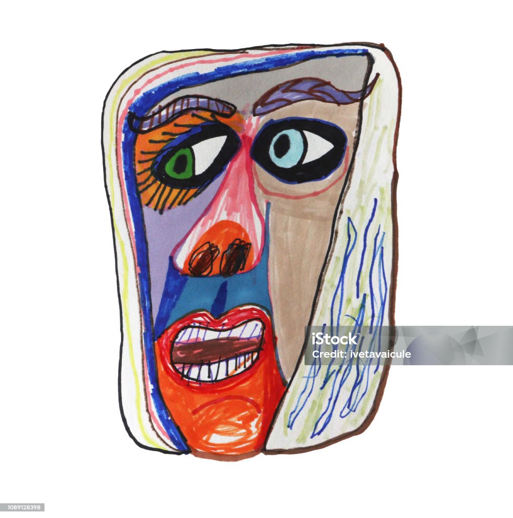 Human face Felt tip pen drawing of funky face. Adult stock illustration