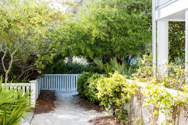 White beach wooden wood architecture, path way with green landscaping shrubs, bushes arch sidewalk for retirement or vacation apartment condo town community