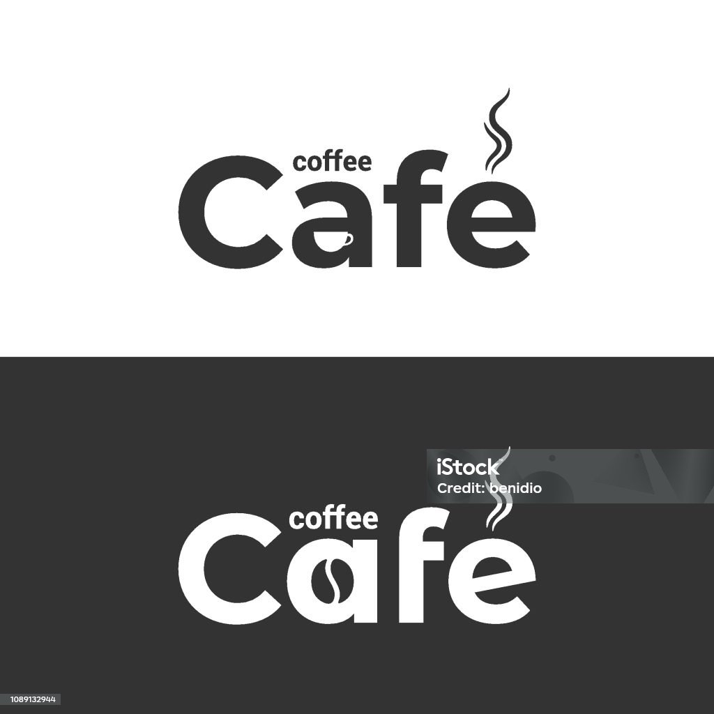 Kaffe café logotyp. Kaffe kopp och bean etikett på svart och vit bakgrund - Royaltyfri Logotyp vektorgrafik