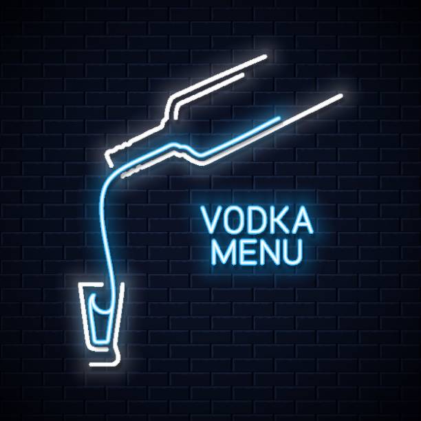 neonowa butelka wódki. wódka strzał neon znak na białym tle - russian culture black cocktail vodka stock illustrations