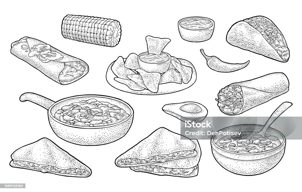 Mexican traditional food set with Guacamole, Enchilada, Burrito, Tacos, Nachos Mexican traditional food set with Guacamole, Quesadilla, Enchilada, Burrito, Taco, Nachos, chili con carne with ingredient. Vector vintage black engraving illustration isolated on white background. Mexican Food stock vector