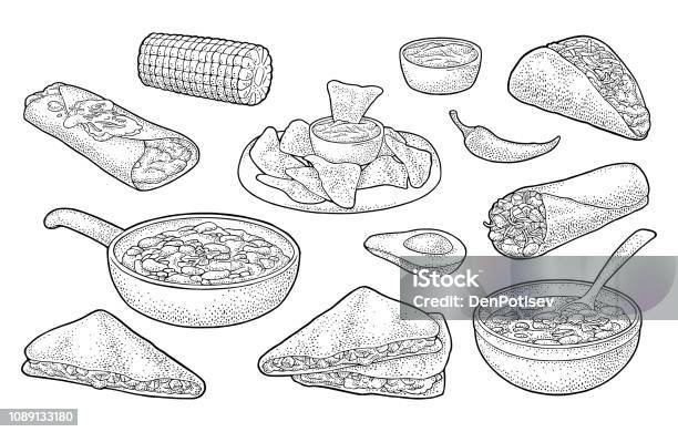 Mexican Traditional Food Set With Guacamole Enchilada Burrito Tacos Nachos Stock Illustration - Download Image Now