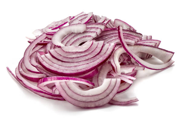 istock Red sliced onion, close-up, isolated on white background. 1089133636