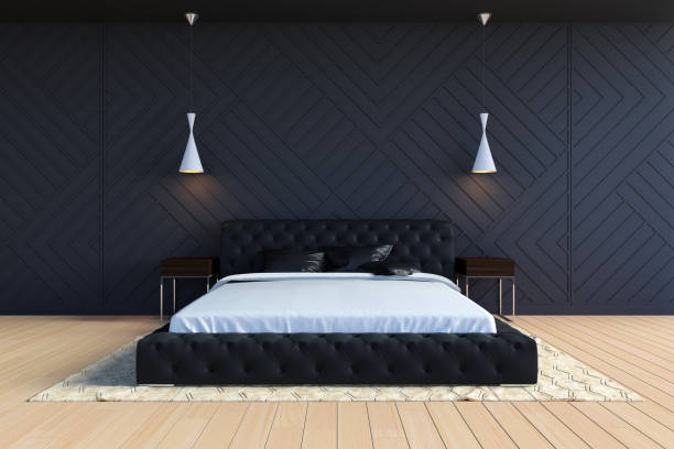 Modern contemporary bedroom interior in black and white color, 3D Rendering