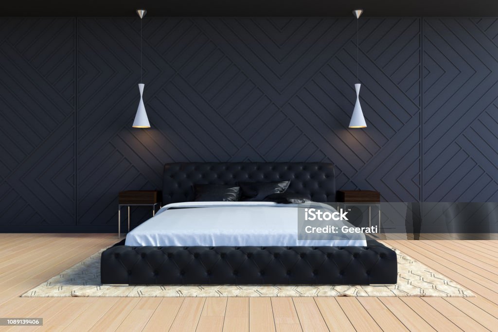Modern contemporary bedroom interior in black and white color, 3D Rendering Bedroom Stock Photo