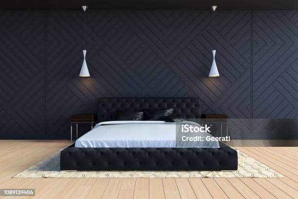 Modern Contemporary Bedroom Interior In Black And White Color 3d Rendering Stock Photo - Download Image Now