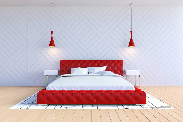 istock Modern contemporary bedroom interior in white and red color, 3D Rendering 1089139434