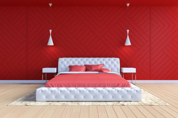 istock Modern contemporary bedroom interior in red and white color, 3D Rendering 1089139436