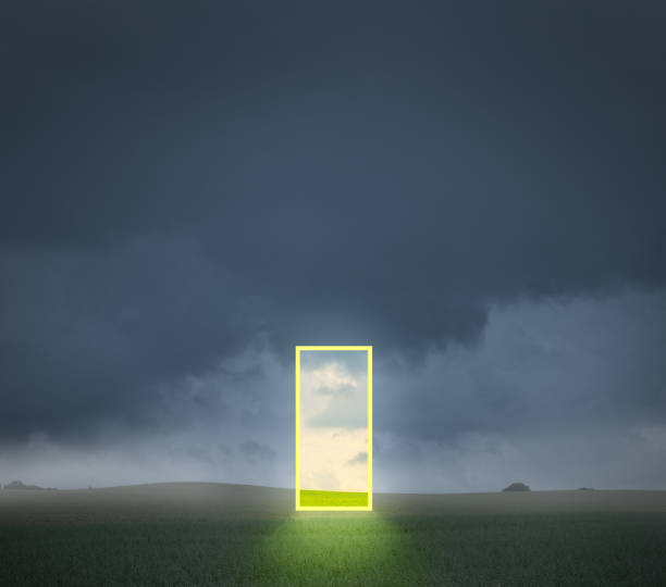 istock Abstract open door / portal on field 1089139498