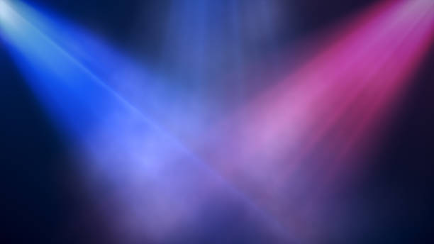 Bright colorful spotlights shine into the scene in smoke, concert background. 3d illustration stock photo
