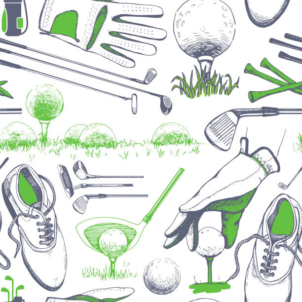 Seamless golf pattern with basket, shoes, car, putter, ball, gloves, flag, bag. Vector set of hand-drawn sports equipment. Illustration in sketch style on white background. Seamless golf pattern with basket, shoes, car, putter, ball, gloves, flag, bag. Vector set of hand-drawn sports equipment. Illustration in sketch style on white background. golf designs stock illustrations