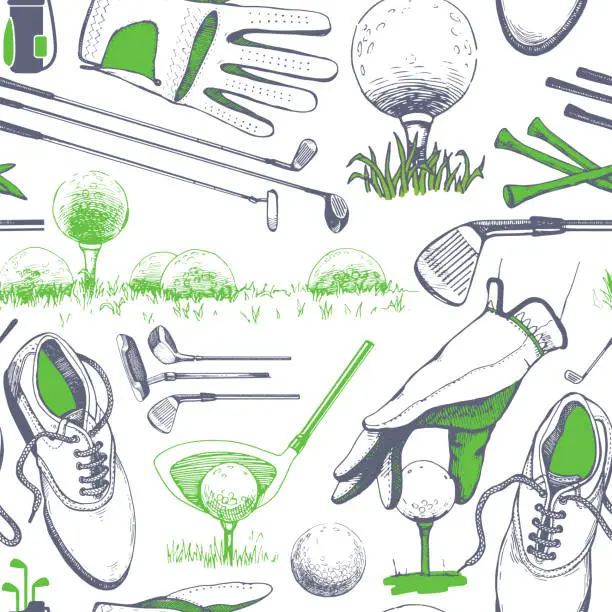 Vector illustration of Seamless golf pattern with basket, shoes, car, putter, ball, gloves, flag, bag. Vector set of hand-drawn sports equipment. Illustration in sketch style on white background.