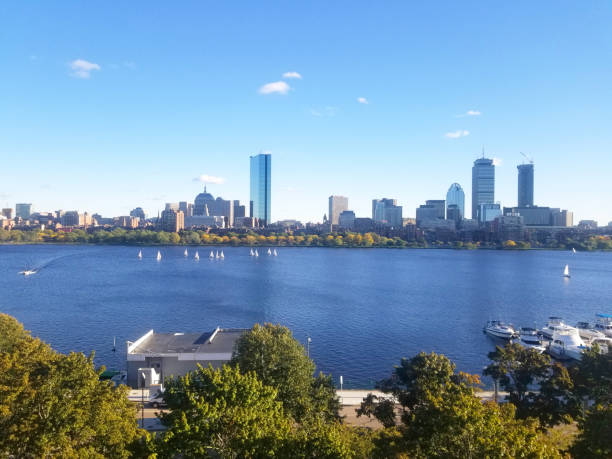 skyline von boston über den charles river. an einem sonnigen tag. - boston skyline charles river blue stock-fotos und bilder