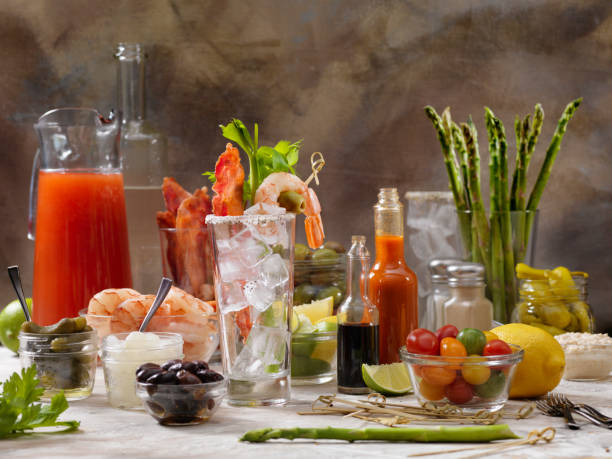 Build Your Own Bloody Mary Bar with, Bacon, Shrimp,Celery, Asparagus. Build Your Own Bloody Mary Bar with, Bacon, Shrimp,Celery, Asparagus, Onions and Cherry Tomatoes bloody mary stock pictures, royalty-free photos & images
