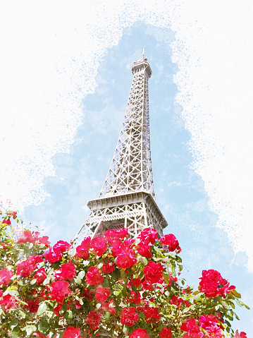 Paris famous landmarks. Eiffel Tower in blue sky with rose flowers, Paris France