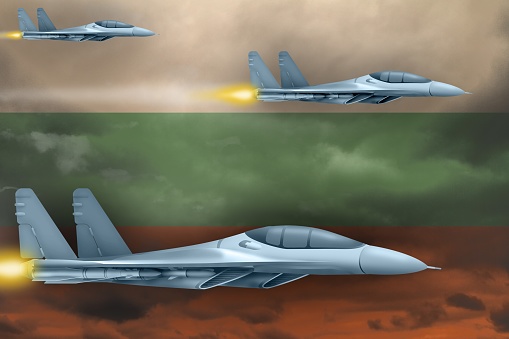 Bulgaria air strike concept. Modern war airplanes attack on Bulgaria flag background. 3d Illustration