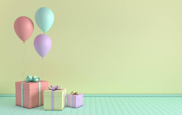 istock 3d render interior with realistic pastel colored balloons and gift box with bow in the room. Empty space for party, promotion social media banners, posters. 1089160306