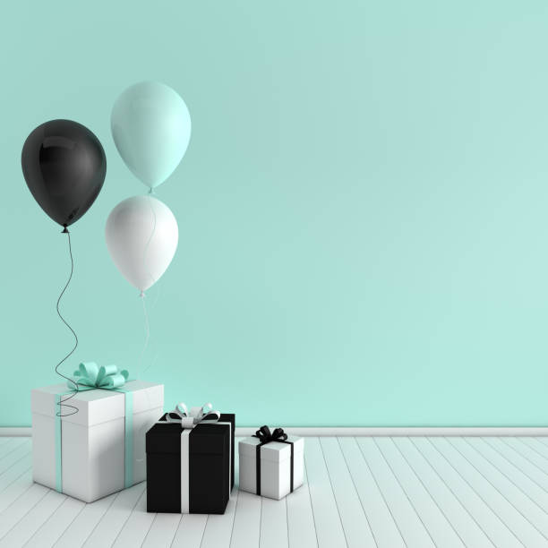 istock 3d render interior with realistic black, white, turquoise balloons and gift box with bow in the room. Empty space for party, promotion social media banners, posters. 1089160386