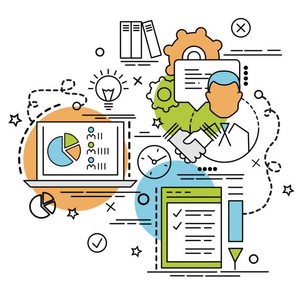 ilustraciones, imágenes clip art, dibujos animados e iconos de stock de concepto de diseño plano colorido para la evaluación. idea de productos creativos en infografía. - evaluación del desempeño