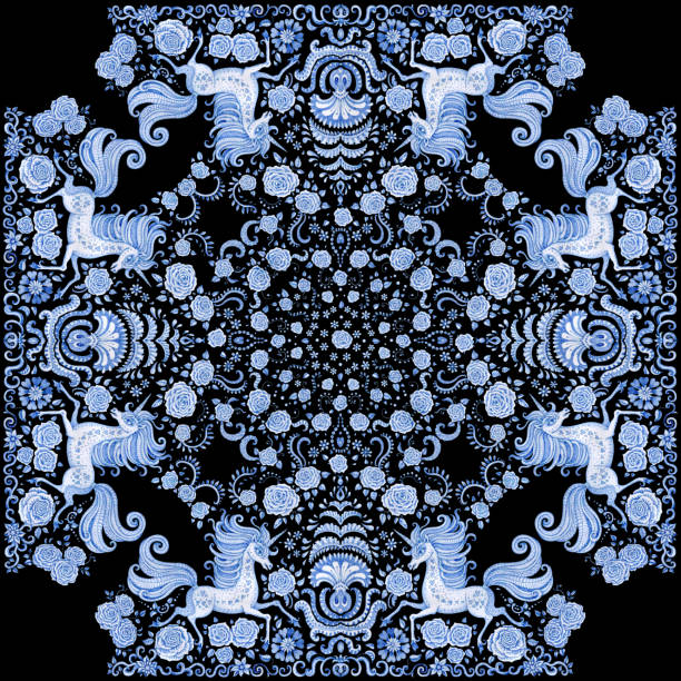 istock Abstract bandana blue watercolor unicorn print on a dark indigo background. Floral pattern from hand drawn rose flowers, fantasy leaves and fairy tale animal, ornate cute horse. Scarf, shawl, carpet. 1089163502