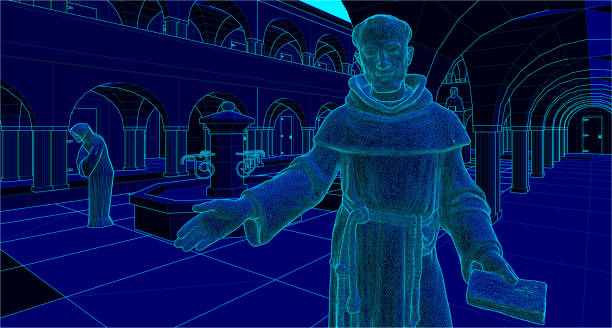 monk in monastery cloister monk in the cloister of a monastery welcoming  for spiritual retreat cloister stock illustrations