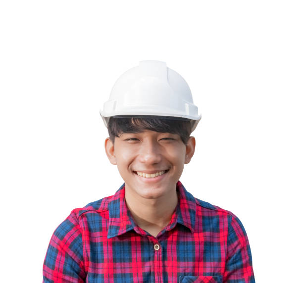 istock Engineer smile construction wear white safety helmet plastic. on white background 1089167300