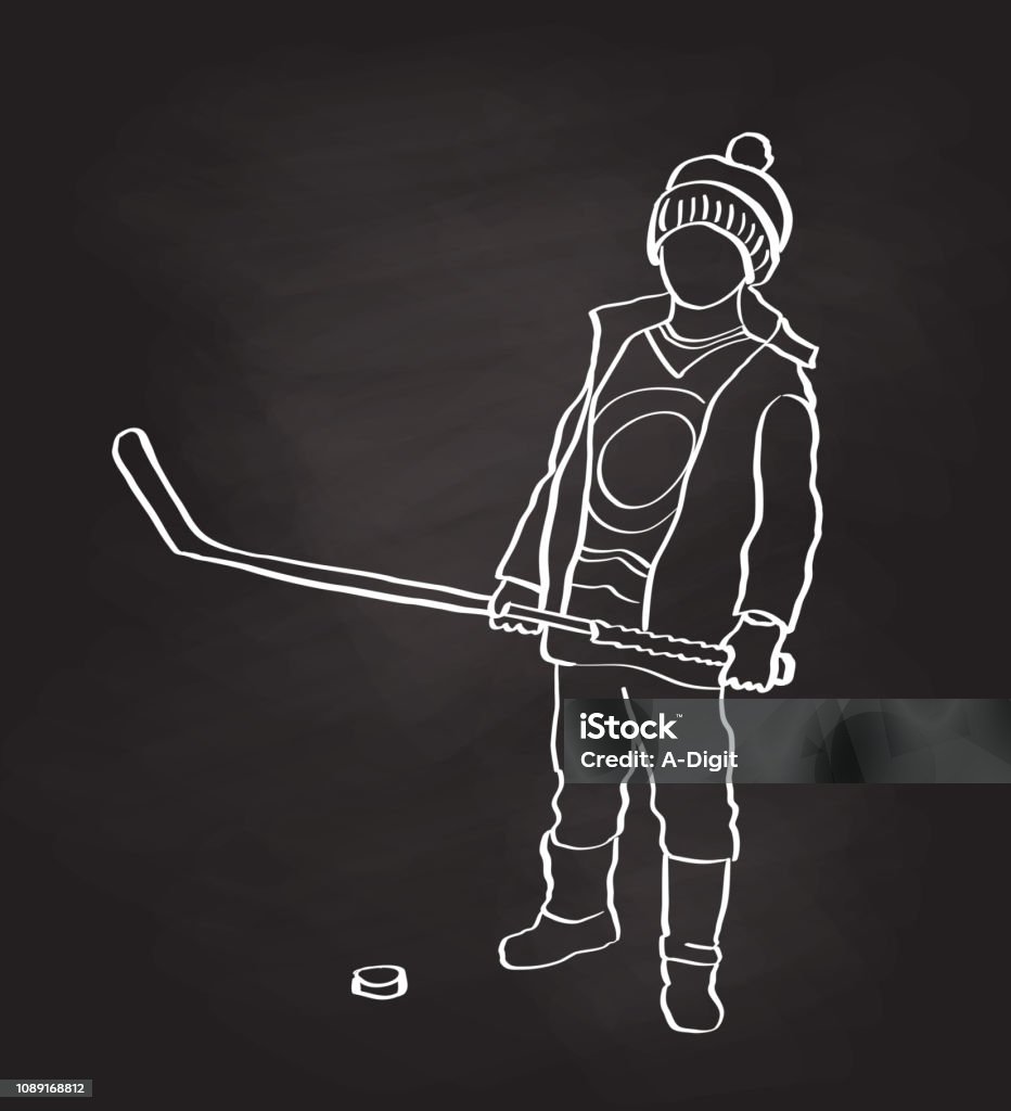 Slapshot Hockey Boy Chalkboard vector drawing of a boy ready to play hockey Art stock vector