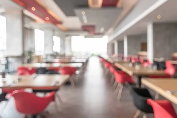 Photo of Canteen, cafeteria, hotel restaurant blur background with blurry dining table and chair in school or university food facility interior empty hall