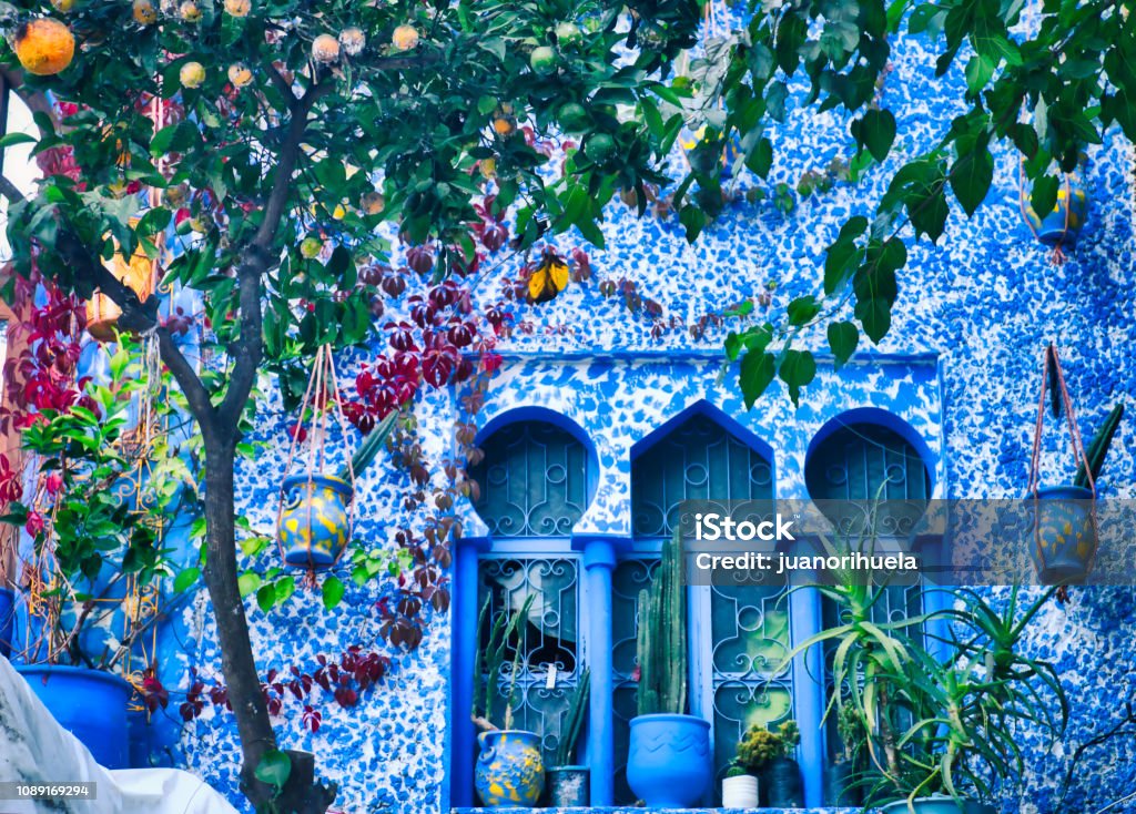 Arab style windows decorated with pots and a tangerine tree. Image taken in Chefchaouen, a beautiful village in northern Morocco Arab style windows decorated with pots and a tangerine tree. Image taken in Chefchaouen, a beautiful village in northern Morocco, Africa Chefchaouen Stock Photo
