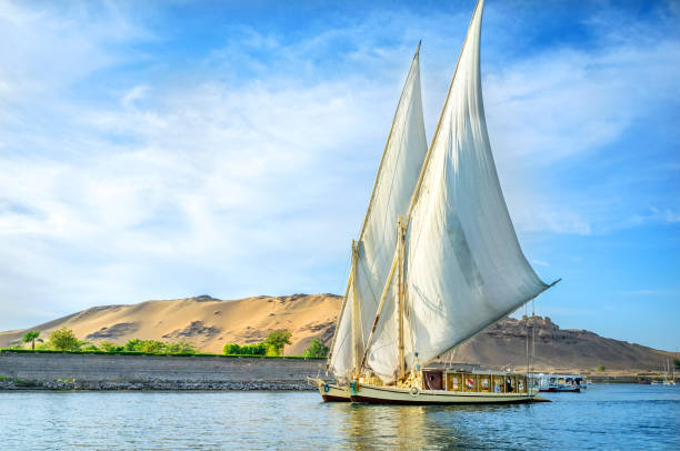 A boat sailing A traditional boat sailing through the Nile River in a late afternoon in Egypt felucca boat stock pictures, royalty-free photos & images