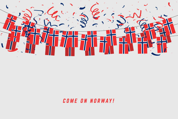 ilustraciones, imágenes clip art, dibujos animados e iconos de stock de bandera de noruega garland con confeti sobre fondo gris, colgar banderines para banner de plantilla de celebración de noruega. - national holiday illustrations