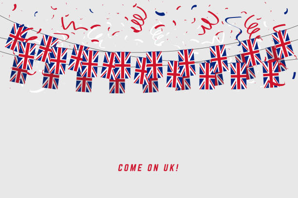 ilustraciones, imágenes clip art, dibujos animados e iconos de stock de bandera de garland reino unido con confeti sobre fondo gris, colgar banderines para banner de plantilla de celebración de uk. - horizontal ribbon image descriptive color