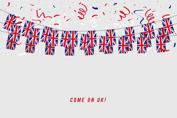 великобритания гирлянды флаг с конфетти на сером фоне, повесить овсянка для великобритании шаблон шаблон баннер. - британский флаг stock illustrations