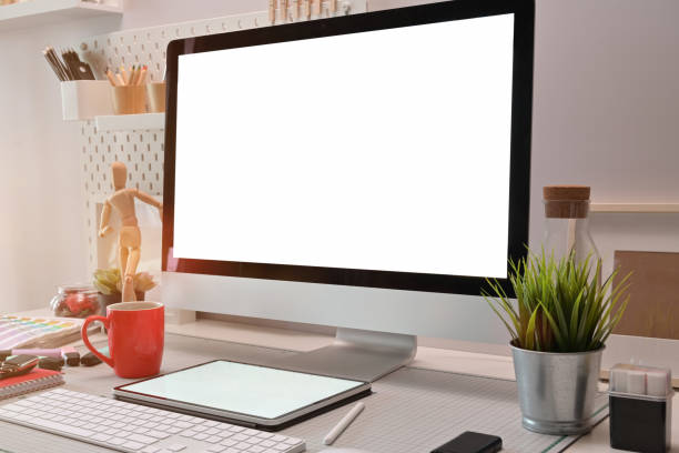 istock Home office interior with office supplies and computer display for mockup. 1089191688