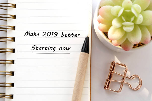 istock Make 2019 better, starting now, 2019 positive quotation on notebook paper background, new year greeting card banner 1089193272