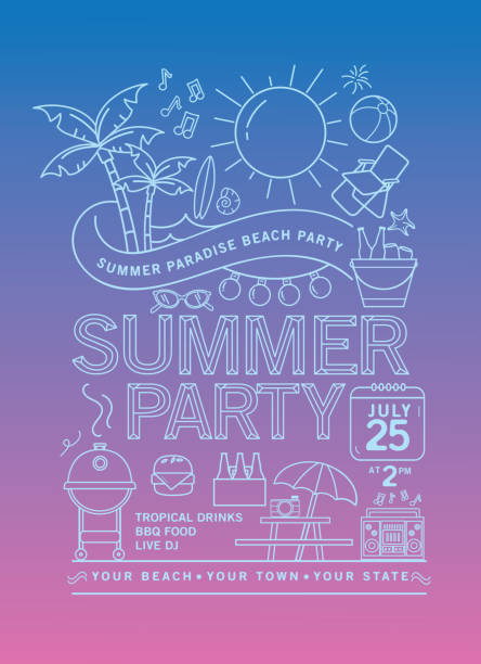 Summer Beach Party Invitation Design Template with line art icons Vector illustration of a modern Summer Beach Party with line art icons. Fully editable and customizable. EPS 10 beer brands stock illustrations
