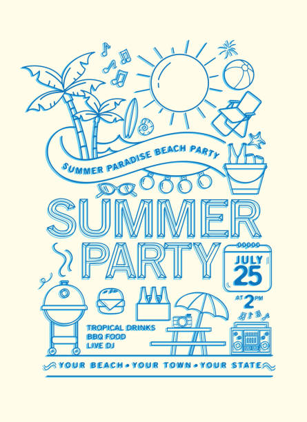 szablon projektu summer beach party z ikonami grafiki liniowej - party umbrella stock illustrations