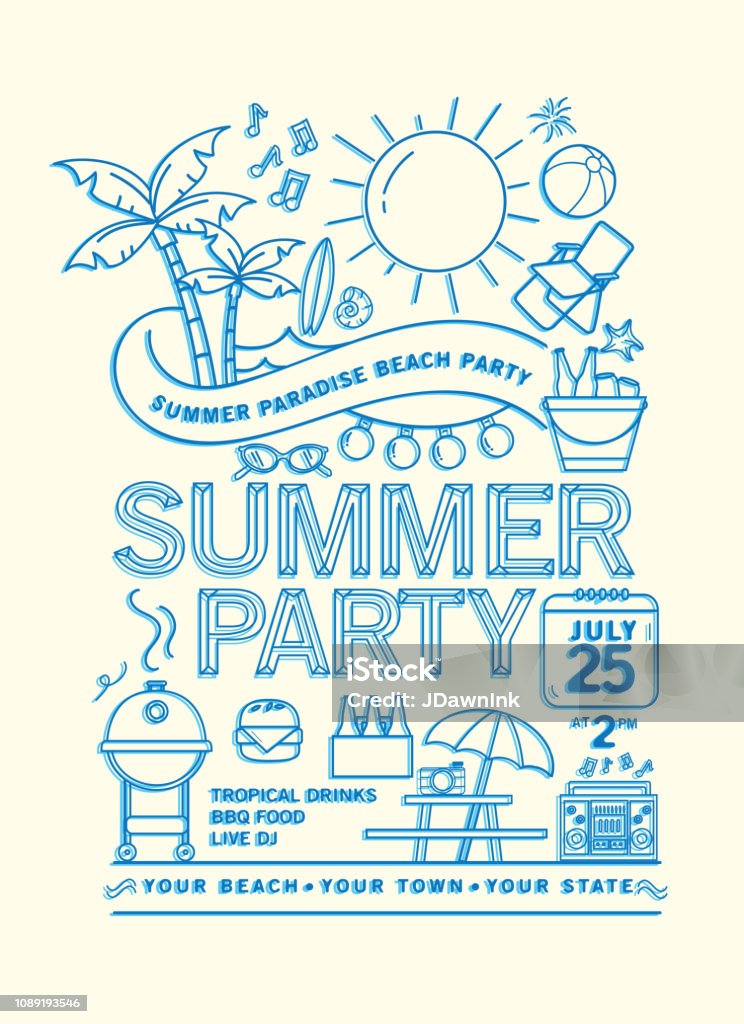 Summer Beach Party Invitation Design Template with line art icons Vector illustration of a modern Summer Beach Party  with line art icons. Fully editable and customizable. EPS 10 Summer stock vector