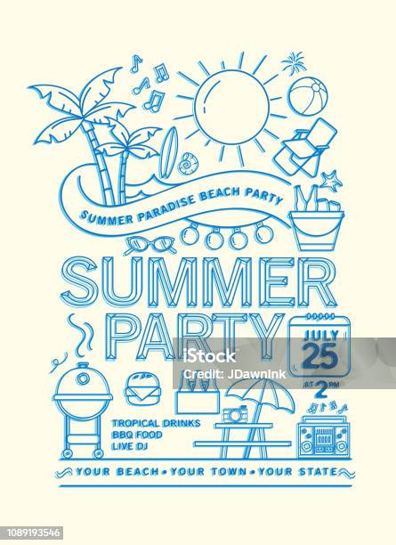 Summer Beach Party Invitation Design Template With Line Art Icons Stock Illustration - Download Image Now