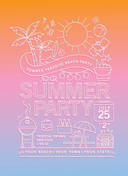szablon projektu summer beach party z ikonami grafiki liniowej - canadian beach audio stock illustrations