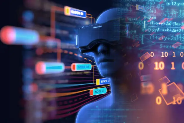 3d rendering of virtual human in VR headset on futuristic technology and programming languages background represent virtual reality technology .