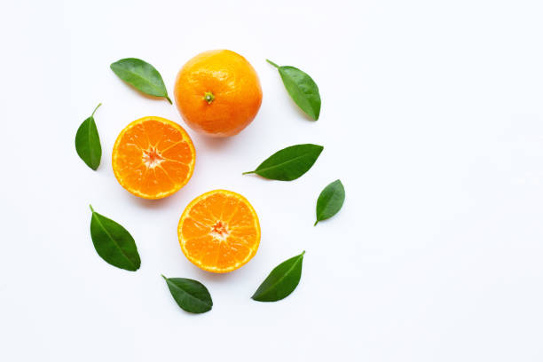 istock Orange fruits with  leaves on white background. 1089207676